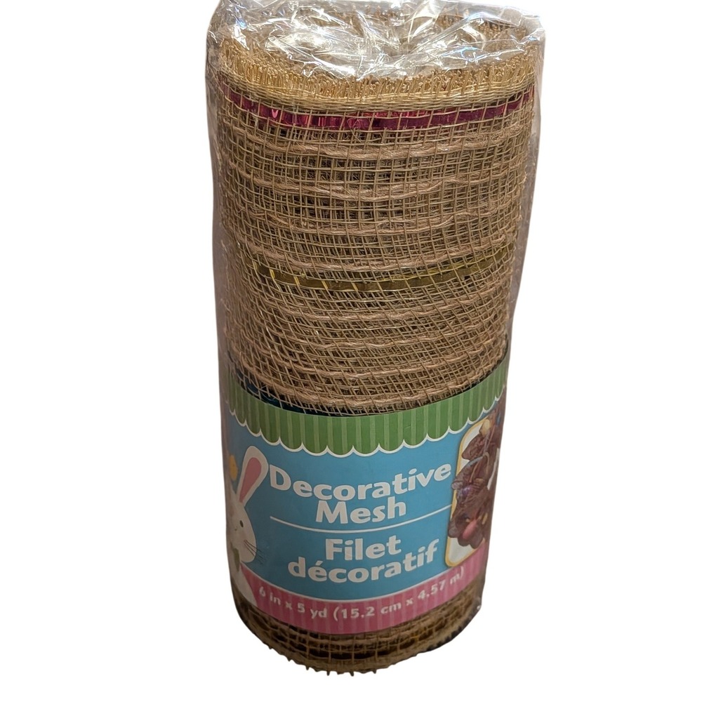 Decorative Mesh Ribbon Roll Natural Burlap Style Metallic Pink Gold 6in x 5yd